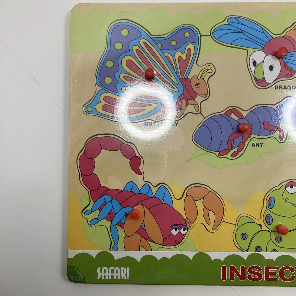 New Safari Insect‎ Wooden Chunky 7 Piece Toddler Puzzle With Pegs 11.75